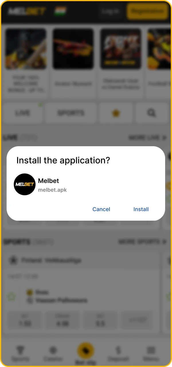 Confirm the installation and wait until the Melbet online casino app download is complete.