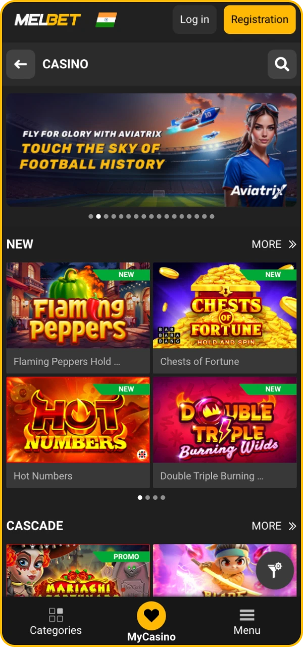 Play popular games in online casino Melbet.