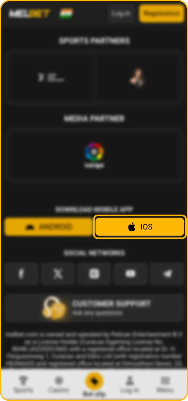 Go to the official website to download the Melbet online casino app to your iOS phone.