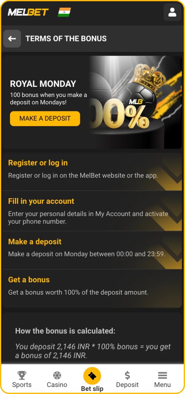 Read the terms of receiving a bonus in the Melbet online casino.
