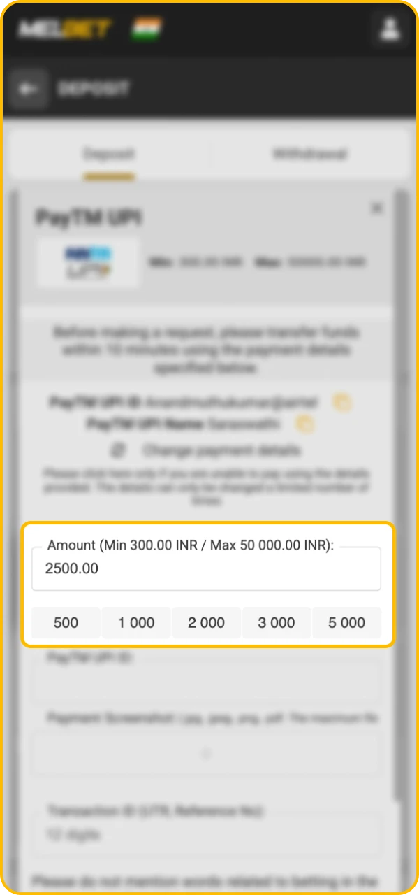 Enter the desired amount of the deposit, fill out the data in the Melbet online casino.