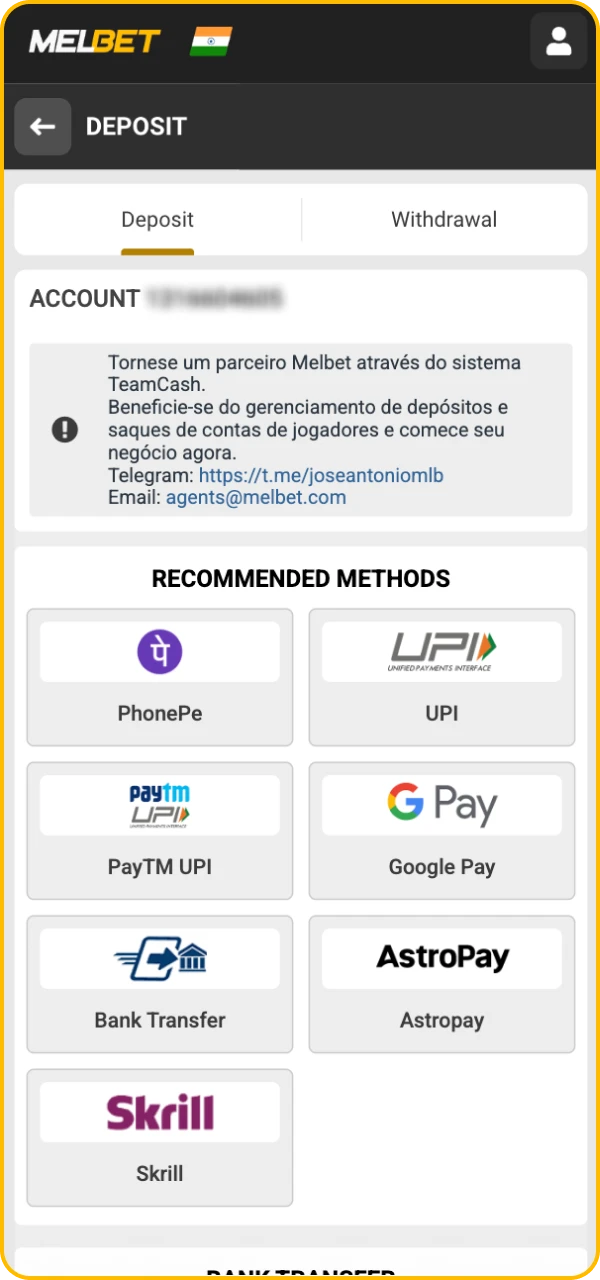 Choose any method of deposit in the Melbet online casino.