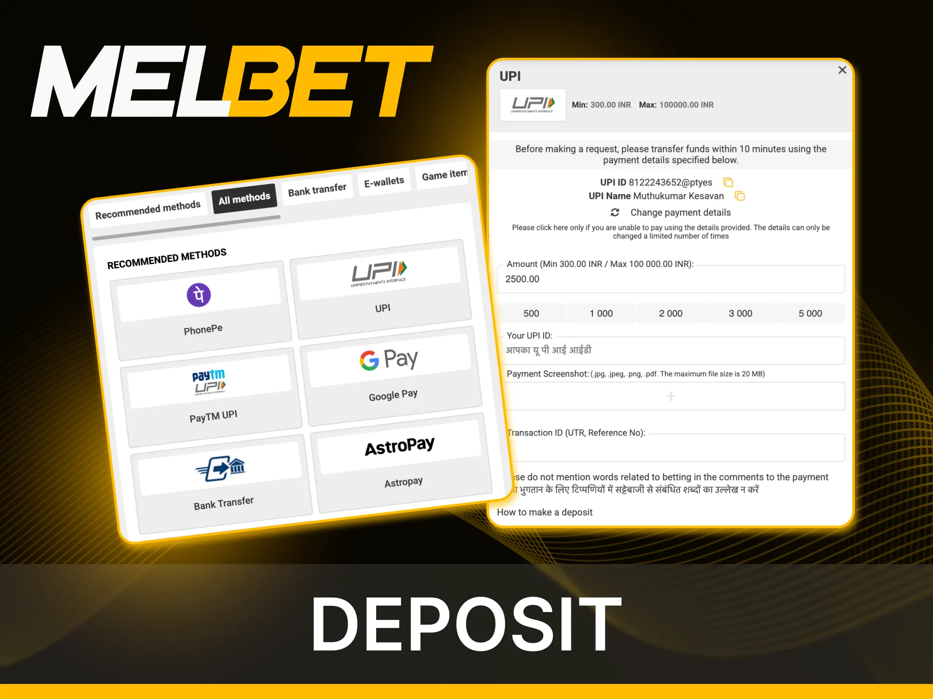 Choose a convenient deposit for you in the Melbet online casino.