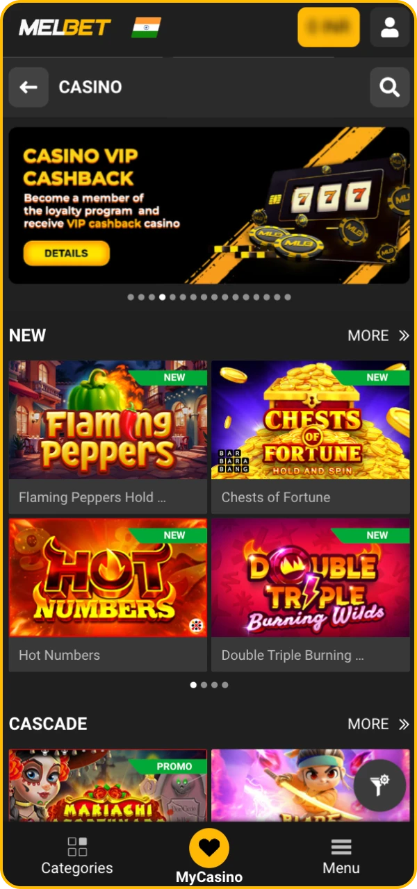 Choose a game in the casino games section at Melbet online casino.