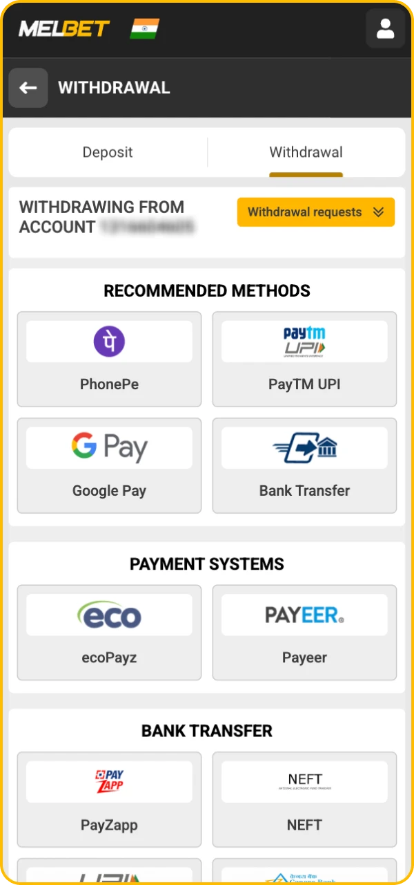 Select the withdrawal method in Melbet online casino.