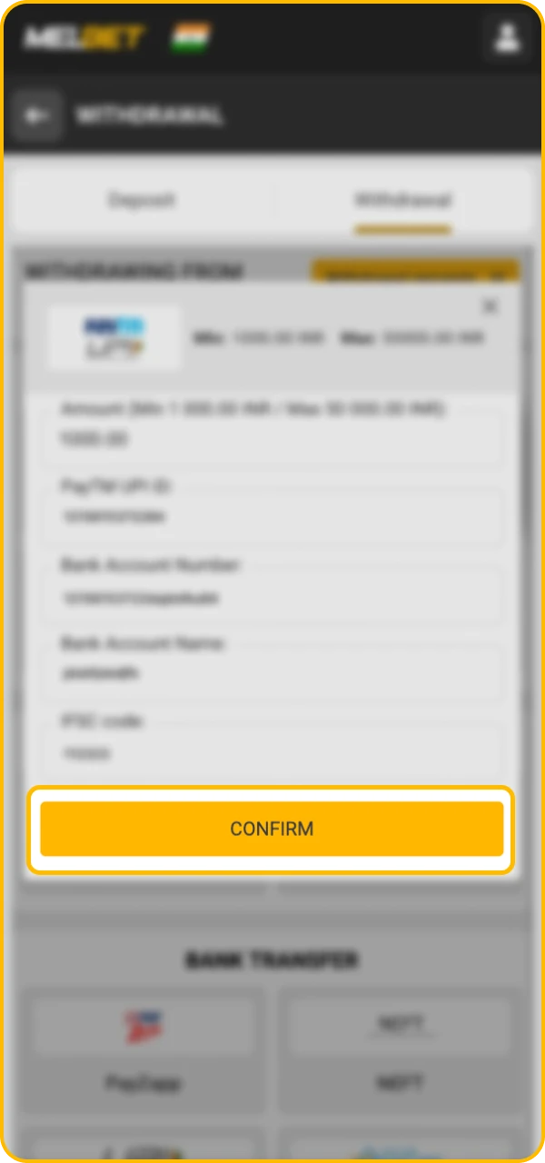 Confirm the operation to start processing the withdrawal request in Melbet online casino.