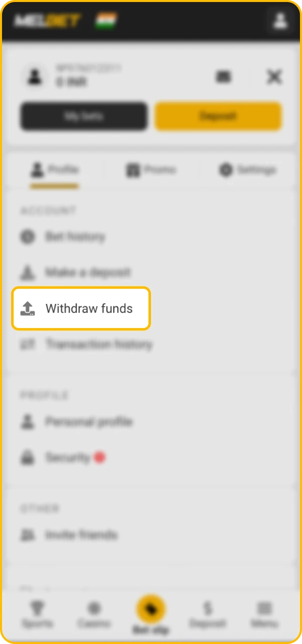 Go to the withdrawal section in Melbet online casino.