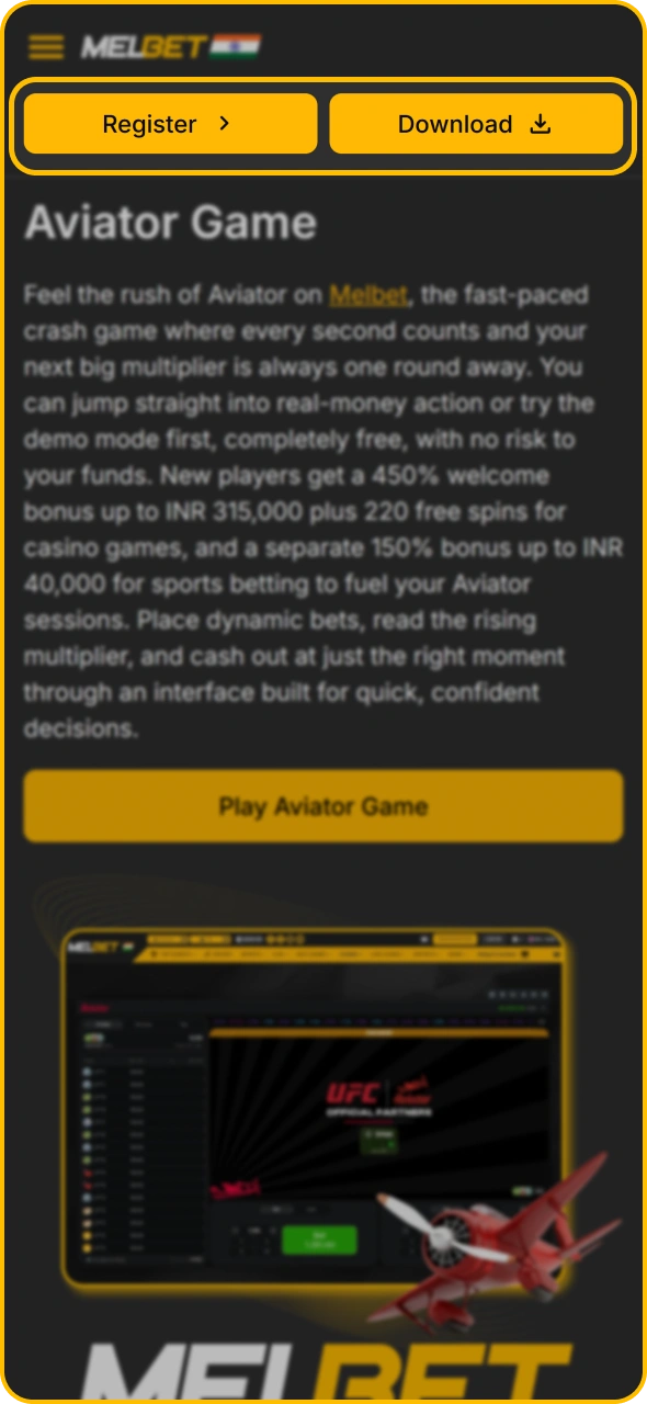 Find download button to get Aviator Melbet iOS app.