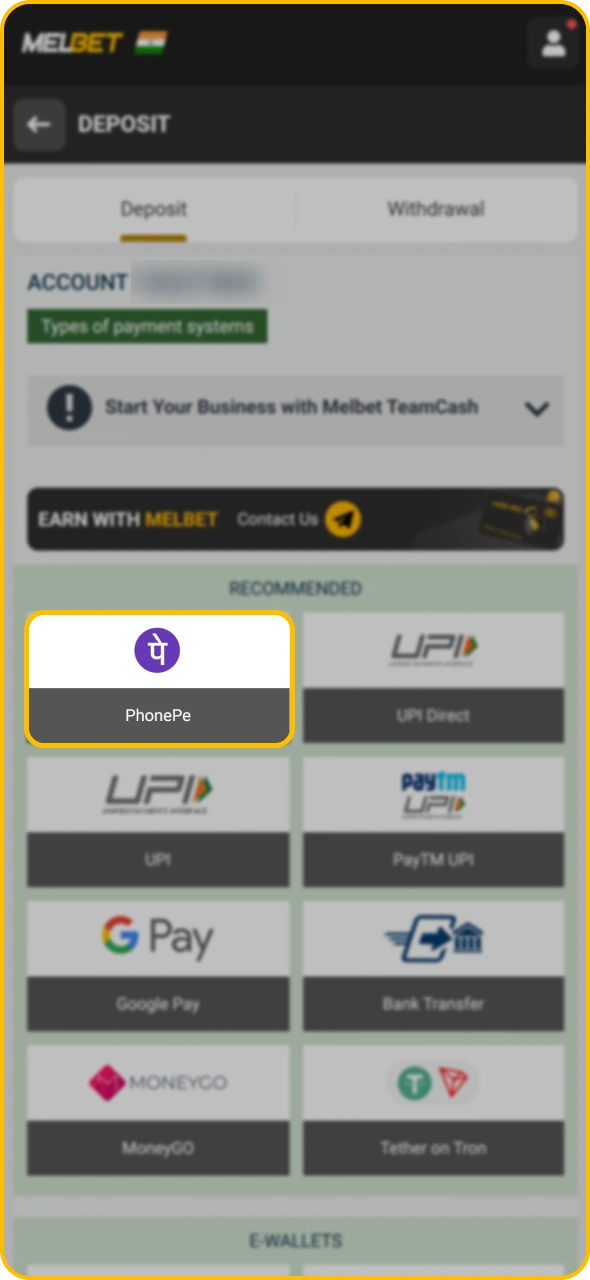 Top up your account for your Melbet cricket betting.