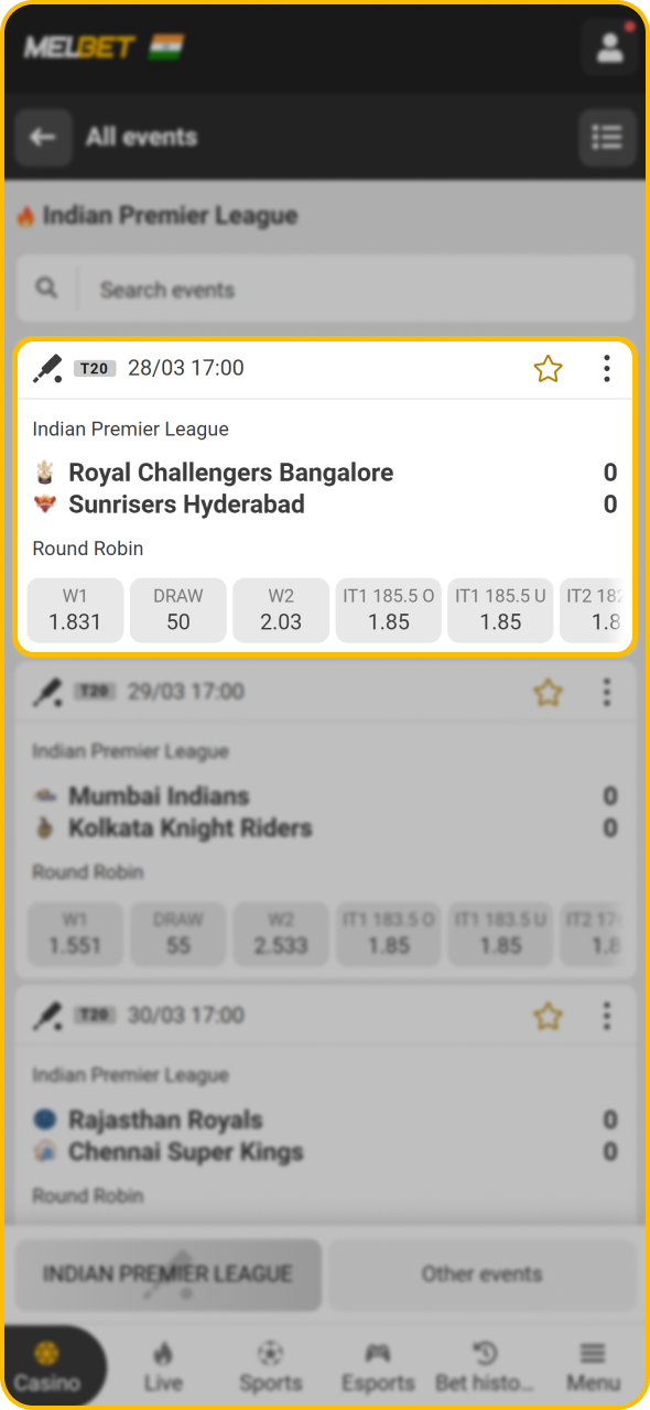 Find cricket match you want to place bet on at Melbet sportsbook.