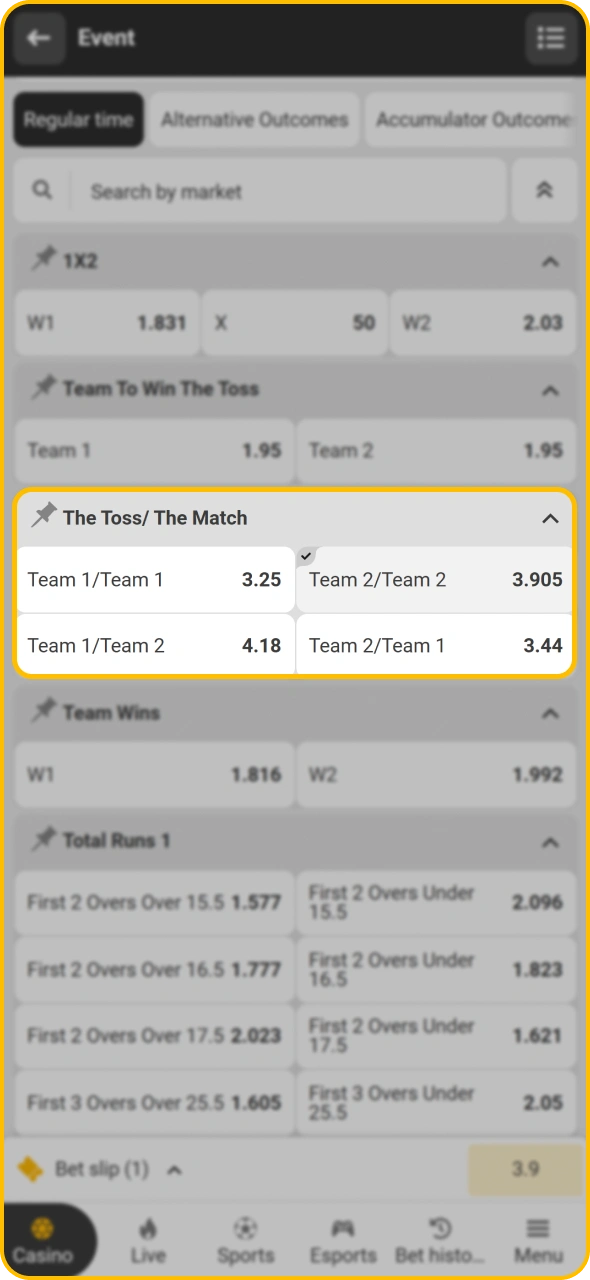 Select cricket market and tap on it to place bet at Melbet.