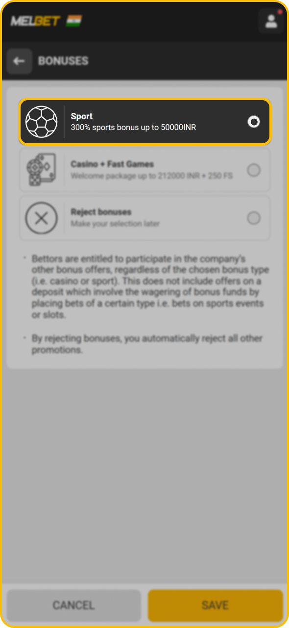 Choose sports welcome bonus to get extra bonus for football betting at Melbet.